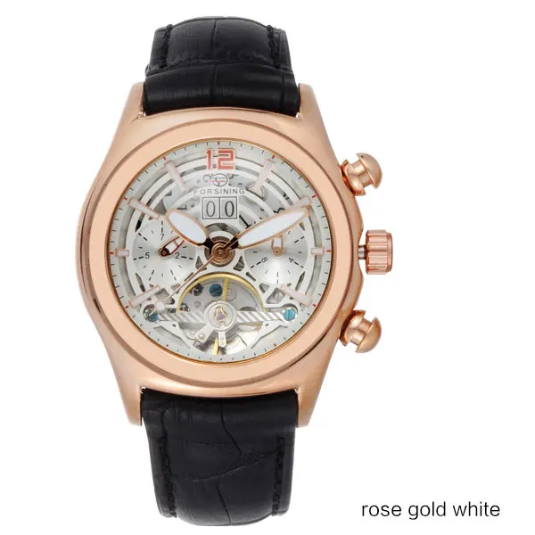 RoseGoldWhite Forsining выпуклая стеклянная стильная Tourbillion 3D дизайнерская Натуральная кожа ремешок мужские часы лучший бренд класса люкс автоматические часы - Цвет: RoseGoldWhite