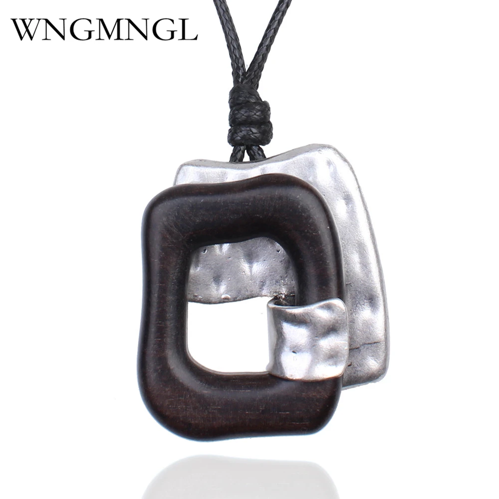 

WNGMNGL 2018 New Vintage Geometric Wood Necklace Handmade Jewelry Black Sandalwood Pendant Necklace for Men Women Collares Mujer