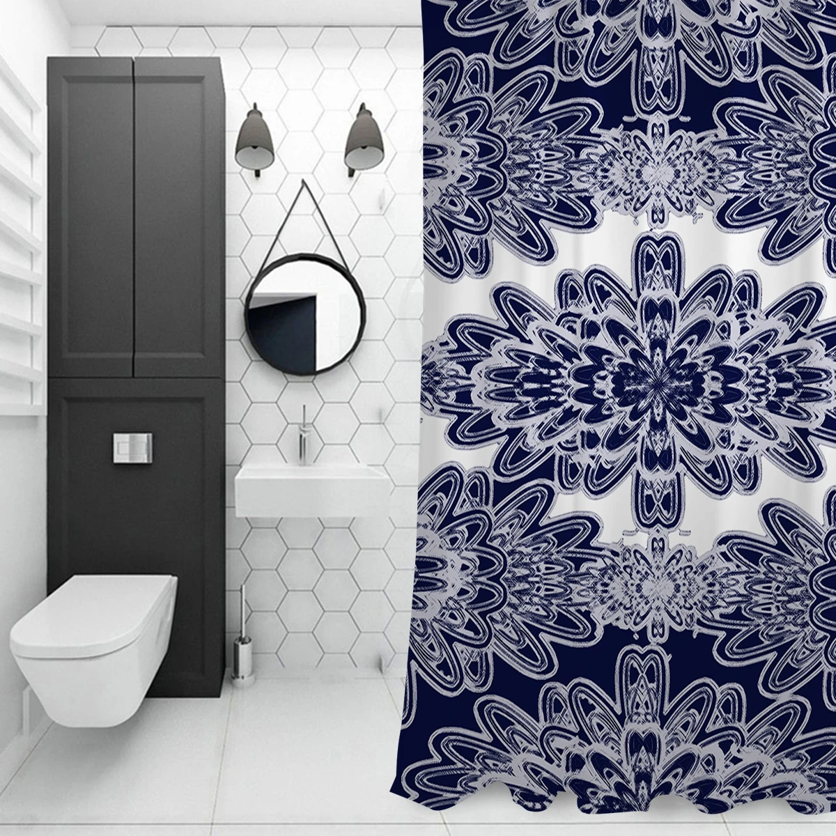 

Blue Floral Damask Extra Long Fabric Bath Shower Curtains Bathroom Decor Sets with Hooks Polyester Home Decoration
