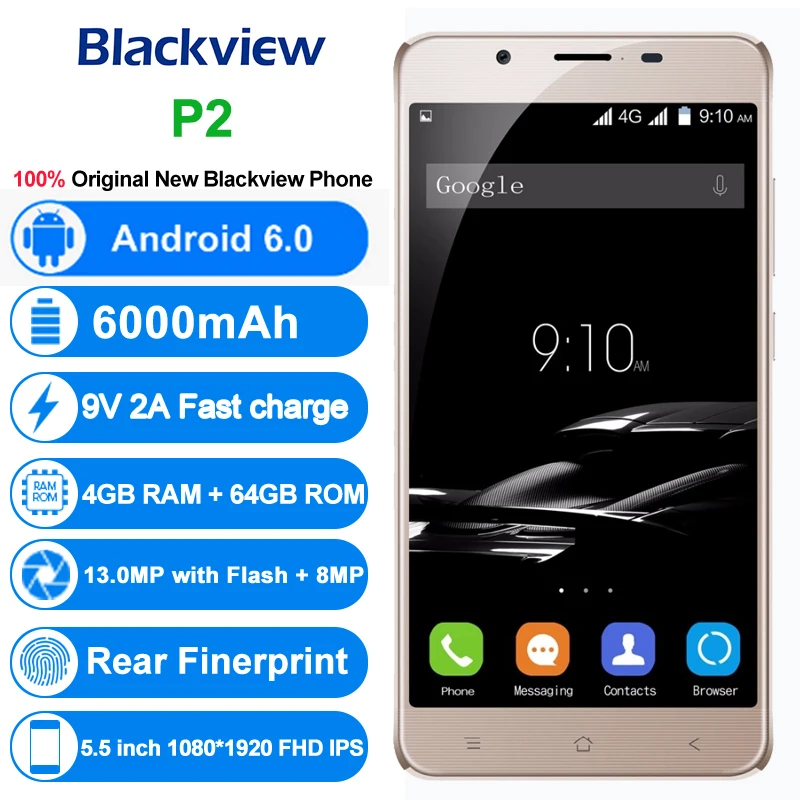 Original Blackview P2 4G Mobile Phones Android 6.0 4GB RAM 64GB ROM Octa Core Smartphone Dual SIM 1080P 5.5 inch FHD Cell Phone | Мобильные