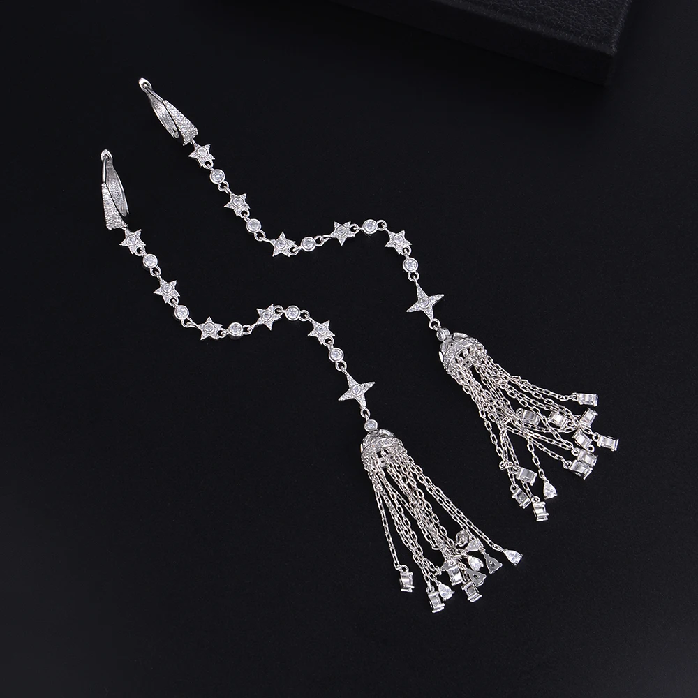 

High Quality Tone Hoop Stars Long Tassel Drop Dangle Earrings For Women Wedding Bridal Jewelry