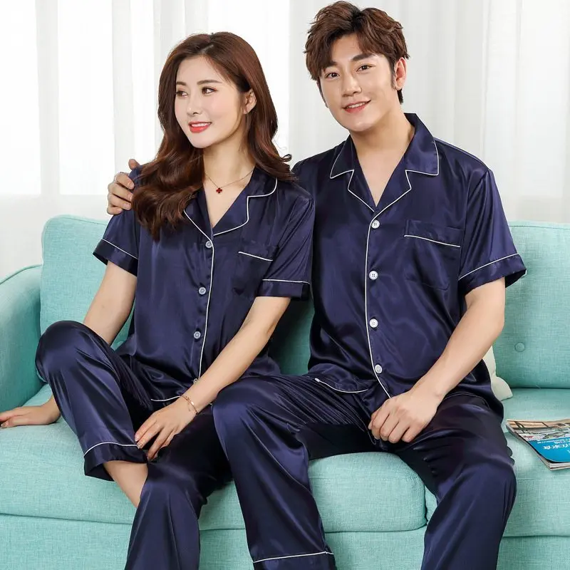 Pajamas Women Satin Pajamas Set 2019 Spring Summer Short Sleeves Long Pants Ladies Silk Pajamas Men Sleepwear Nightwear Set