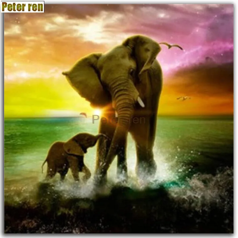 

Peter ren diamond embroidery cross stitch sticky drilling Diamond drawing living room round Full embroidered Bathing elephants