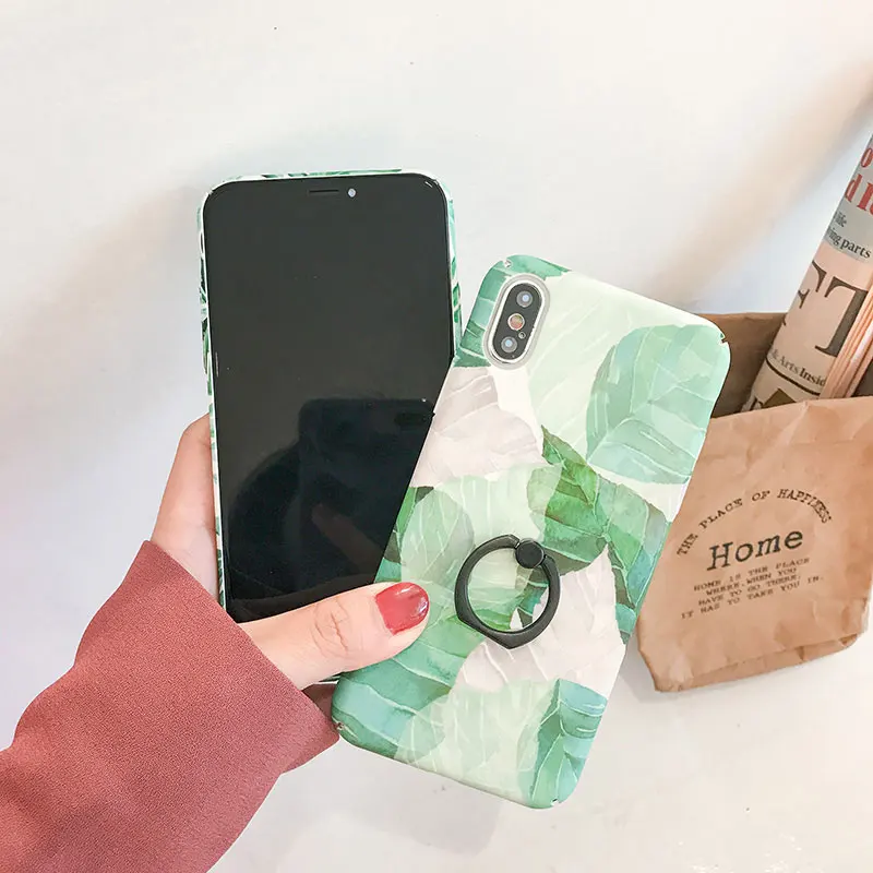 Boucho For iphone X Cases Fashion Artistic Leaf Matte Hard Plastic Ring Grip Phone Case iPhone 6 6s 7 8 Plus Back Cover |