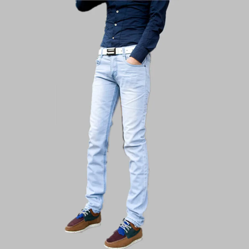 Men Fashion Pencil Jeans Mid Waist Slim 