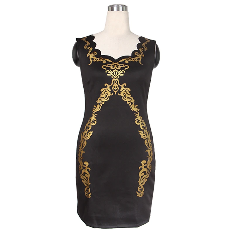 Square Collar Black Mini Dress With Gold Flowers Fashion Sleeveless Club Style Summer Clothes Vestido Sexy Party Dresses | Женская