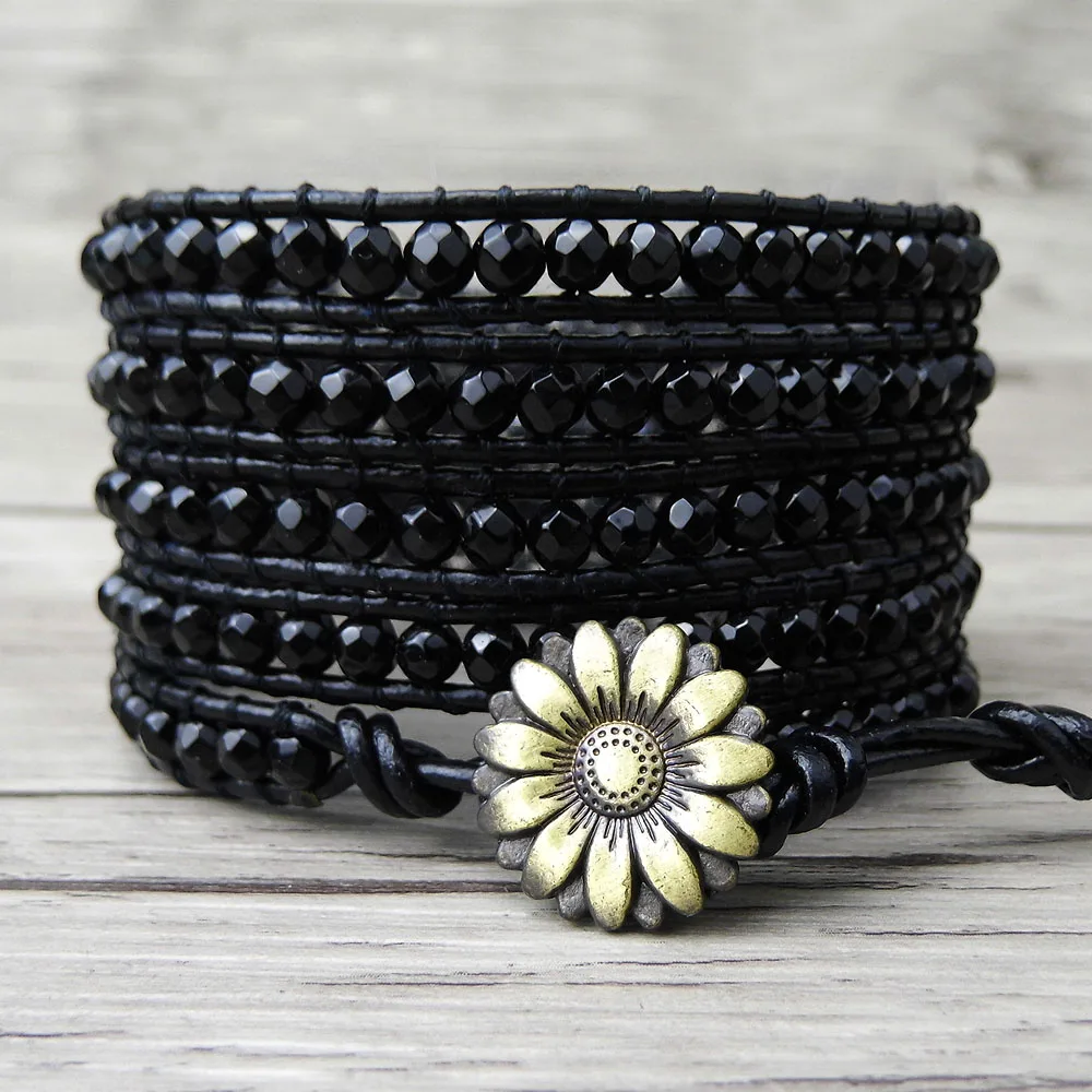 Бохо 5 обруча браслет Цыганская кожа Ограненный черный из бисера натуральный