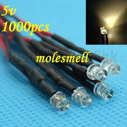 1000pcs Flat Top warm white LED Lamp Light Set Pre-Wired 3mm 5V DC Wired 3mm 5v big/wide angle warm white led