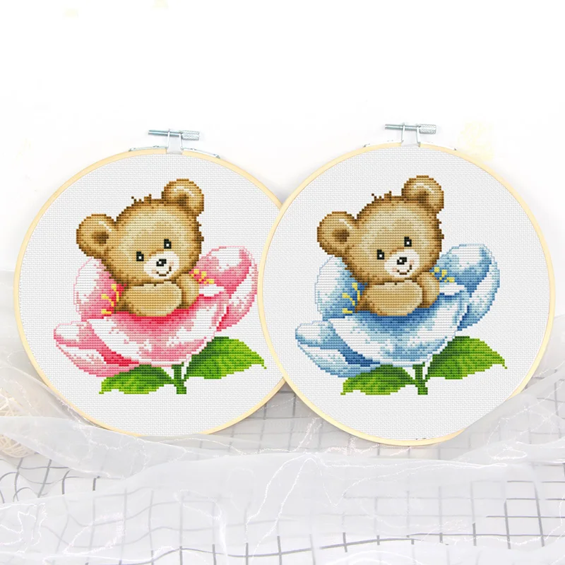 Набор для вышивки крестиком с маленькими мишками в синих цветах брендовые нити DMC