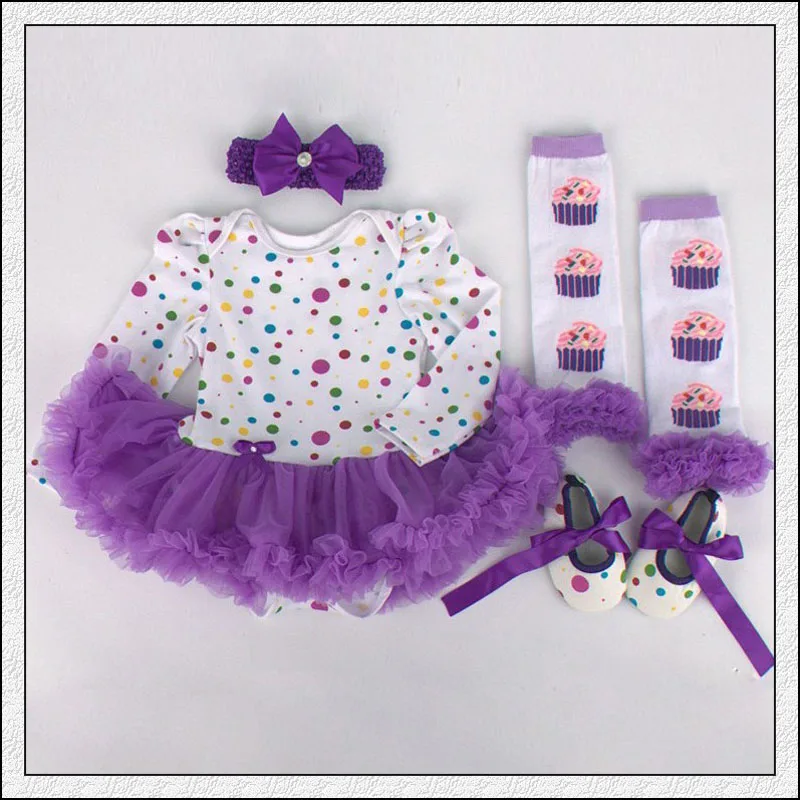 Комплект из 4 предметов Фиолетовое платье пачка в горошек с длинными рукавами для