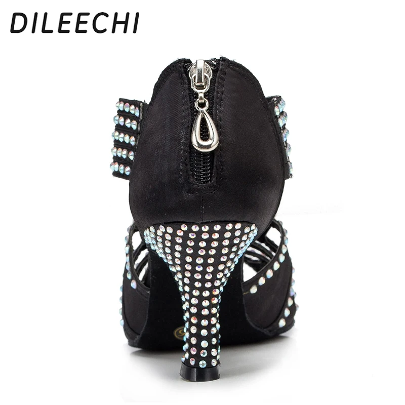 Женские туфли для латиноамериканских танцев DILEECHI черные атласные со стразами и