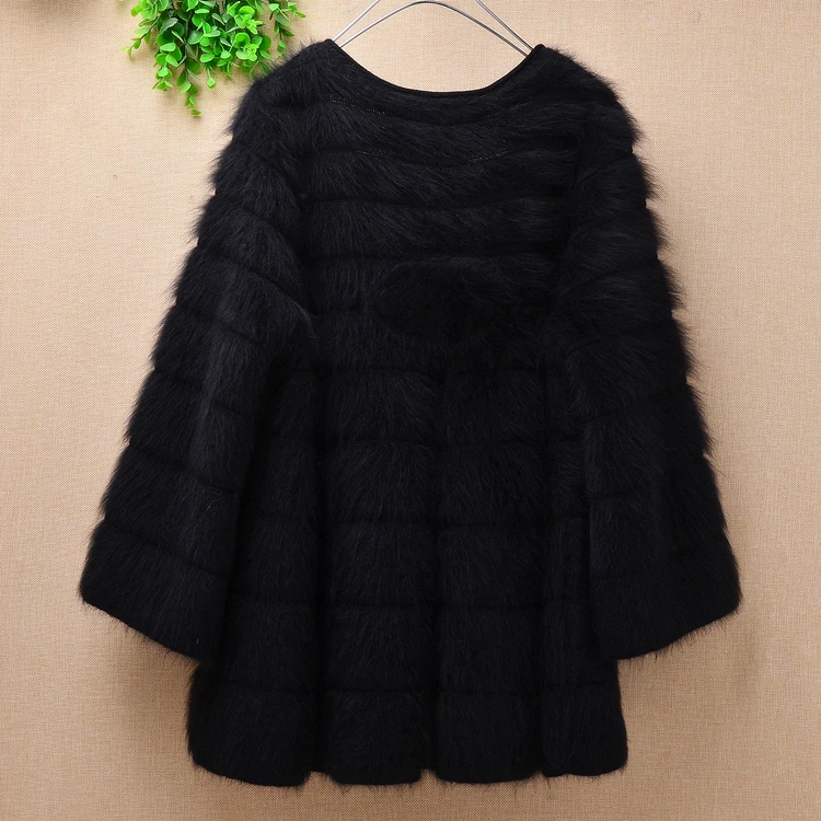 lady thick warm geniune plush angora rabbit fur strip cardigan Women long flare sleeves women mink cashmere sweater coat winter |