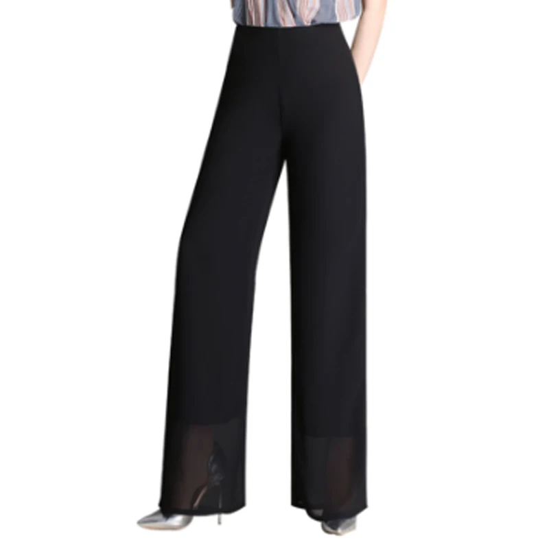 Женские шифоновые широкие брюки с высокой талией прямые черные Капри на молнии