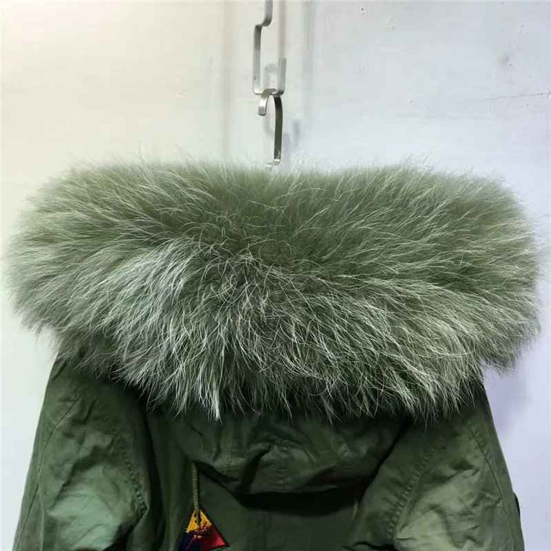 Новинка Женское пальто с капюшоном армейский зеленый цвет большой мех енота