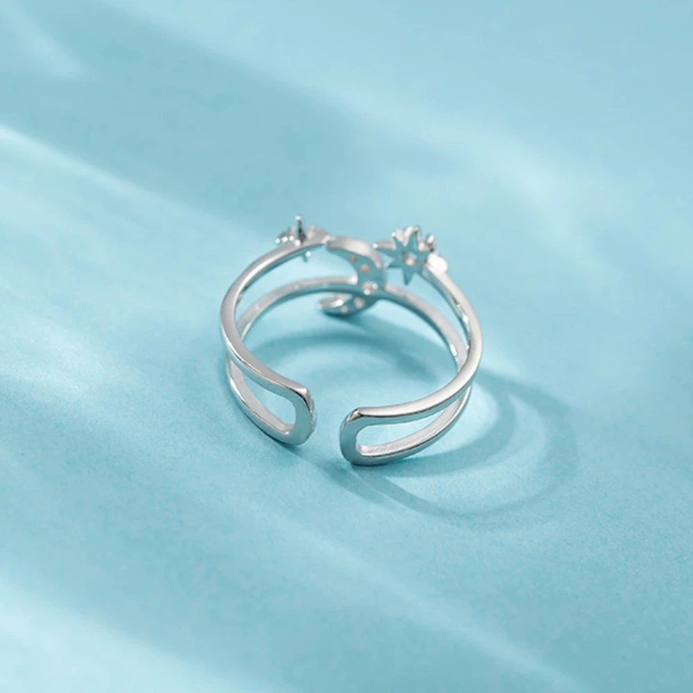 925 Sterling Silver Double Layer Starry Moonlight Ring Open Exquisite CZ Zircon Moon Stars White Gold S925 Women Wedding | Украшения и
