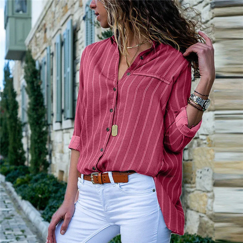 

Fashion Women Long Sleeve Striped Blouse New 2018 Ladies Casual Loose Top Blouse Elegant Woman Button Down OL Work Office Shirts