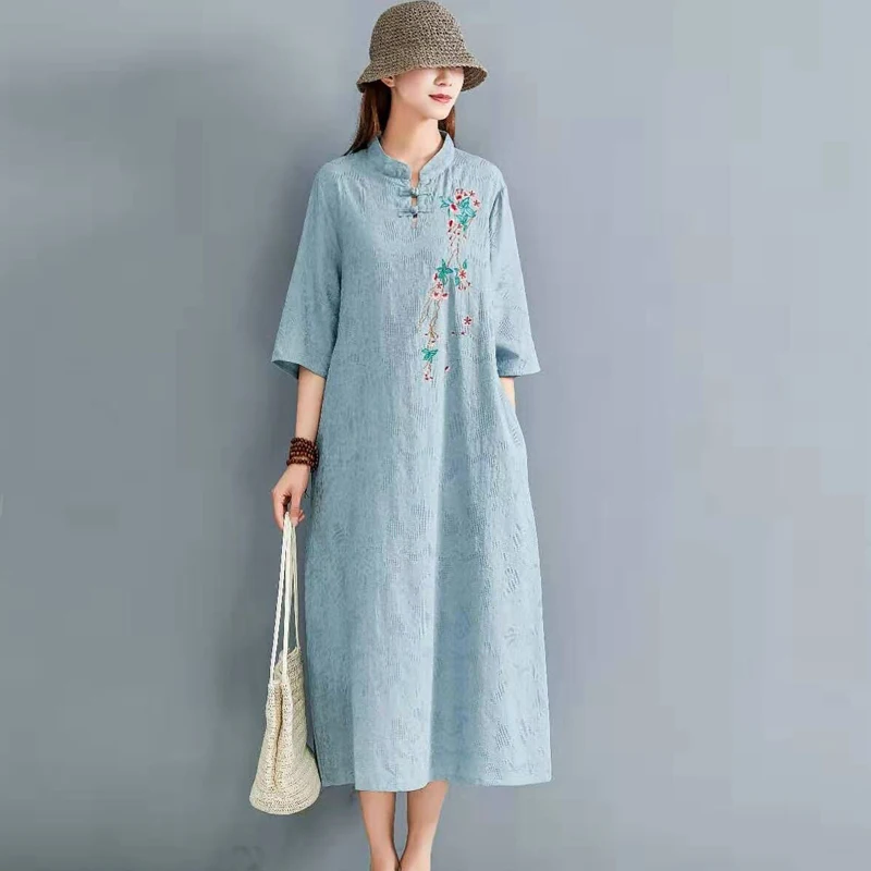 Китайское платье cheongsam qipao, современное хлопковое льняное платье cheongsam, платье cheongsam с коротким рукавом и вышивкой, женское нижнее белье - Цвет: color5
