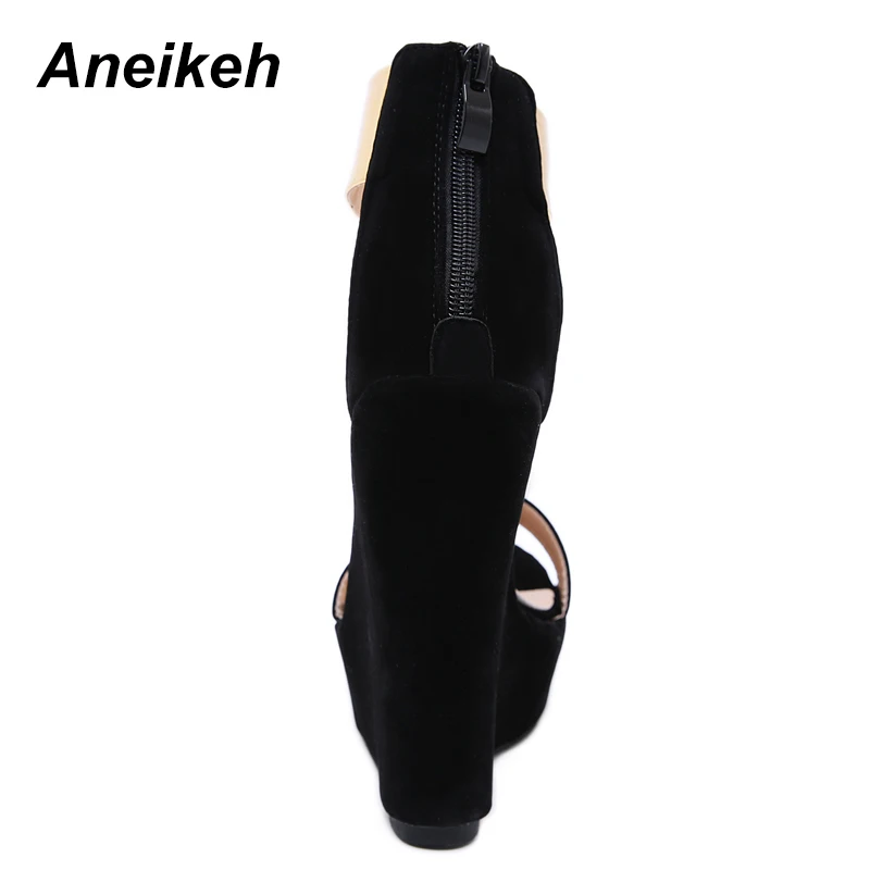 Aneikeh/ г.; выразительные Модные женские босоножки из флока; Повседневные Вечерние черные босоножки на молнии, на танкетке, на высоком каблуке, на платформе, с круглым носком, с закрытой пяткой; Размеры 35-40