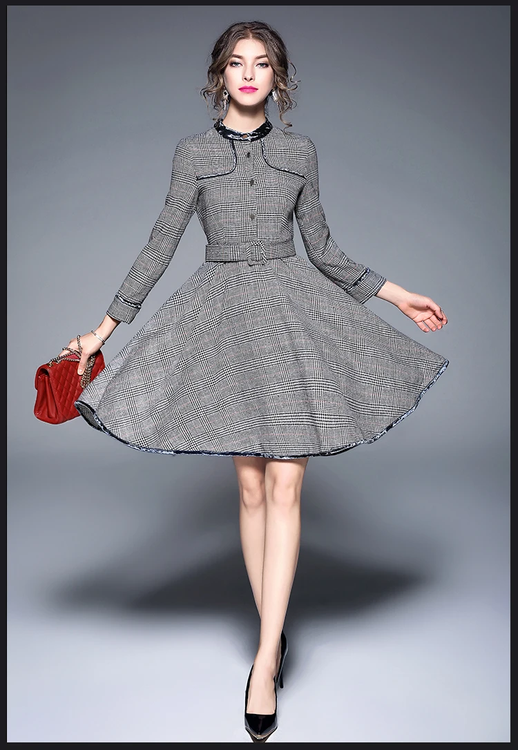 2019 осенне зимнее элегантное клетчатое платье с широкой юбкой женское облегающее