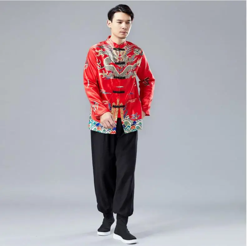Long Sleeve Traditional Chinese Clothes Tang Suit Top Spring Summer Men Silk Embroidery Dragon Jacket Coat for Overseas | Тематическая