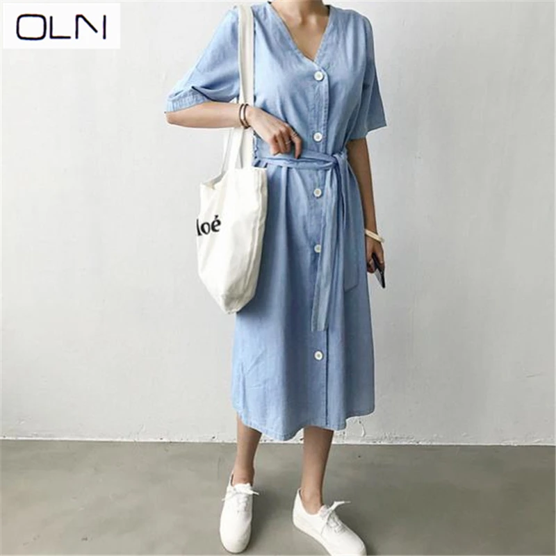 Vestidos корейское платье OLN Новое шикарное легкое голубое женское с v-образным