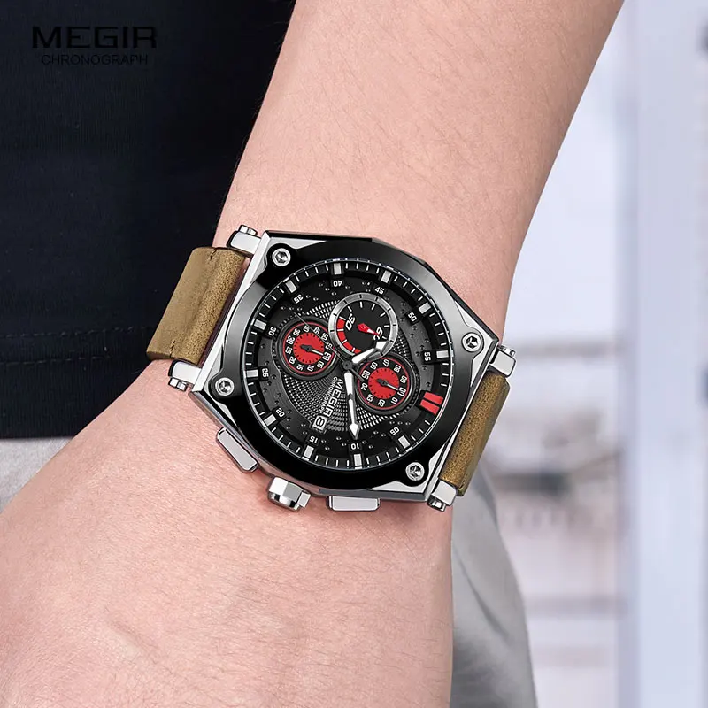 Megir кожаный ремешок мужские спортивные часы хронограф кварцевые 3 АТМ