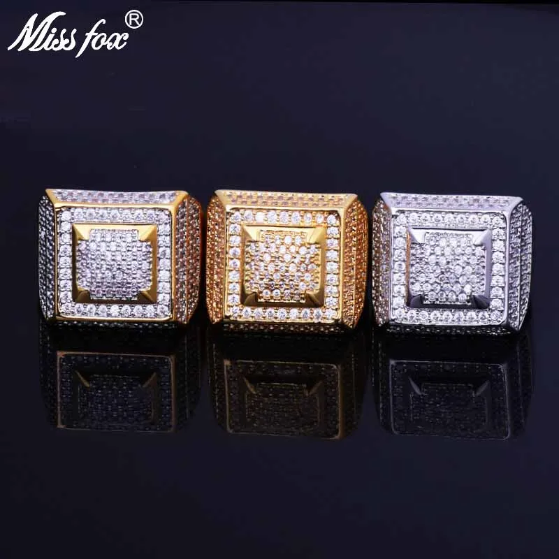 MISSFOX квадратные кольца в стиле хип хоп со льдом для мужчин с большим бриллиантом