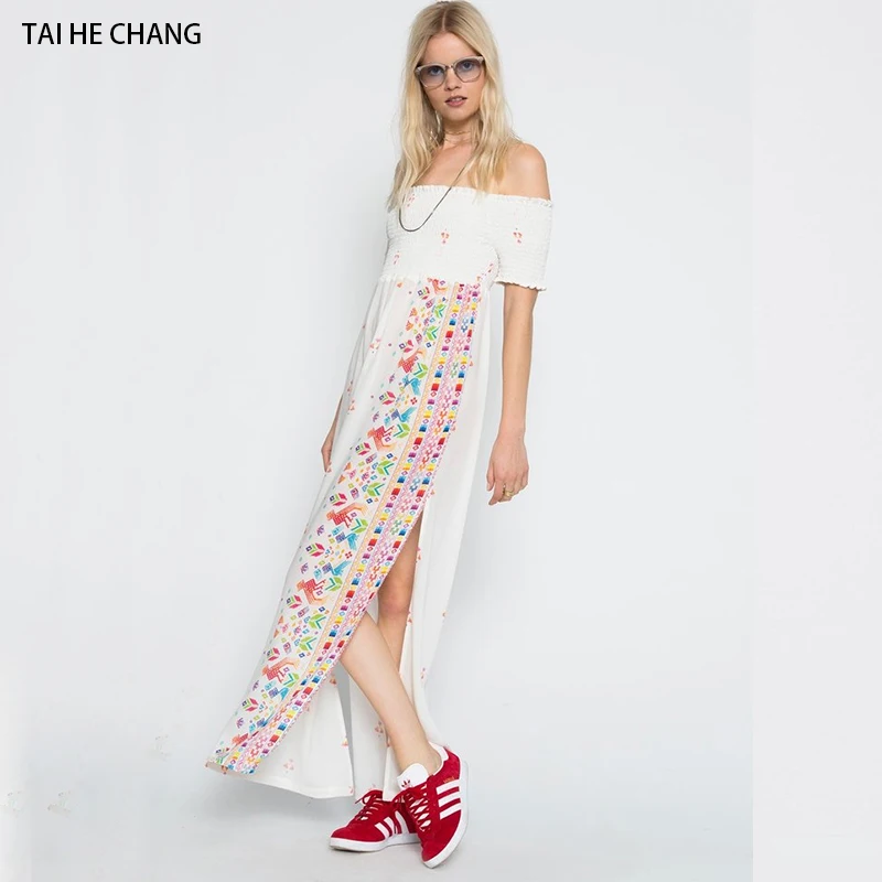 

women dress vestidos vintage embroidery bohemian runway sexy beach party casual off the shoulder white long maxi dress