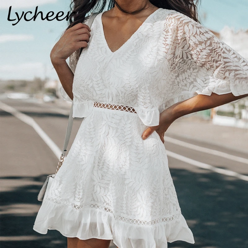 Lycheer Plus size ruffled lace embroidery lining women dress Vintage hollow out high waist sexy V-neck A-line party | Женская одежда