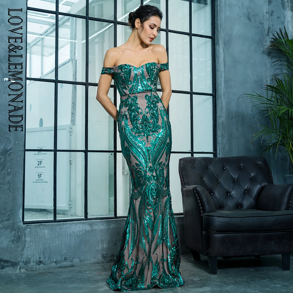 Женское длинное платье LOVE & LEMONADE зеленое облегающее с открытыми плечами и