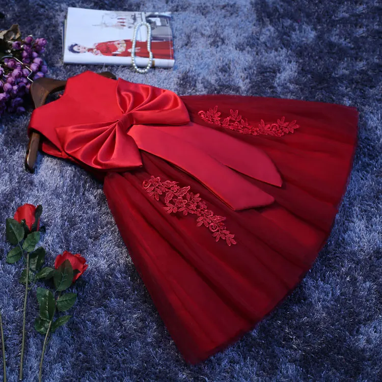 Красное платье для крещения малышей кружевное свадебное принцессы с бисером и