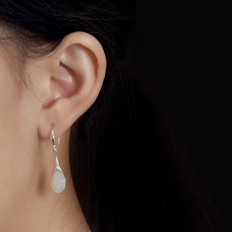 Настоящее чистое серебро 925 пробы натуральный нефрит цветы орхидеи серьги с