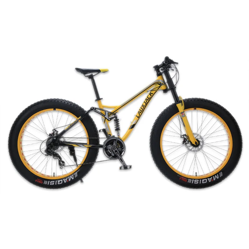 LAUXJACK Горный велосипед стальная рама двухподвесная система 24 скорости Shimano дисковые механические тормоза 26"x4.0 колеса удлинённая вилка FATBIKE - Цвет: yellow