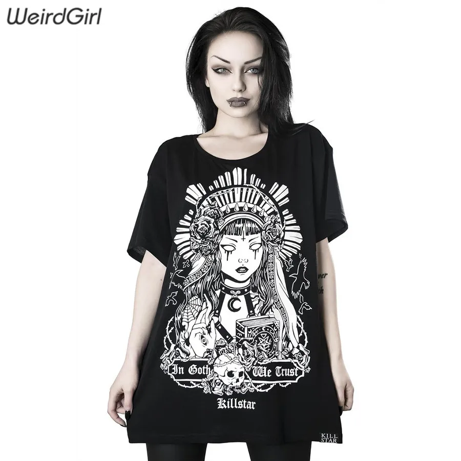 Weirdgirl/женские футболки; модные повседневные эластичные футболки с принтом Призрака и круглым вырезом; женские длинные топы; летние свободные топы для девочек; Новинка
