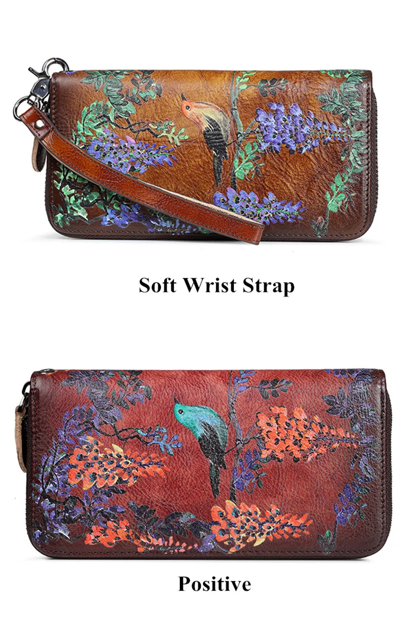 SOUTH GOOSE Genuine Leather Women Wallet Luxury Long Purse Birds Embossing Clutch Bag High Quality Female Card Holder Phone Bag
