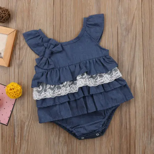 Newborn Kids Baby Girls clothes blue bow bodysuit Party Lace Tutu ruffles jumpsuit Clothes Outfit 0-3Y | Мать и ребенок