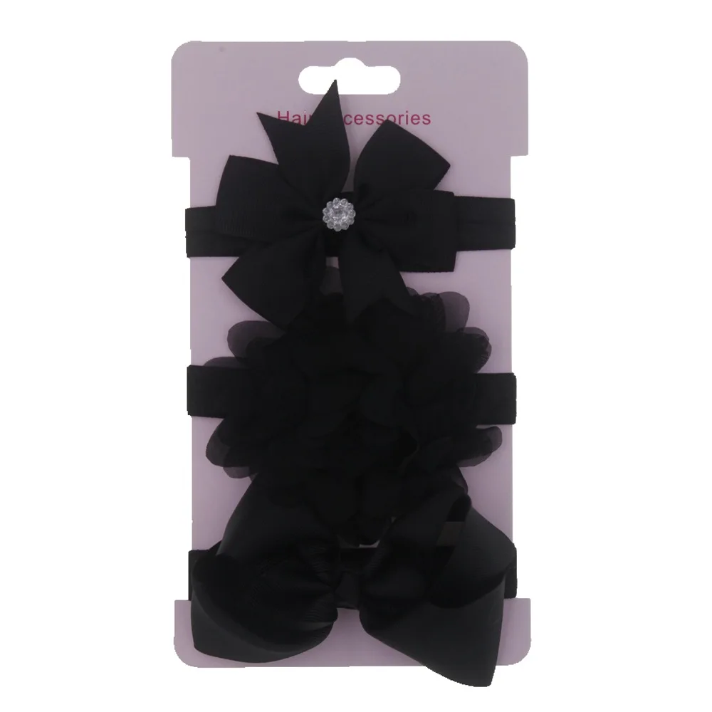 black Nishine/3 шт./лот; бант из ленты; шифоновая повязка на голову с цветочным узором для маленьких девочек; милые детские ленты для волос с бантом; комплект головных уборов; реквизит для фотосессии - Цвет: black
