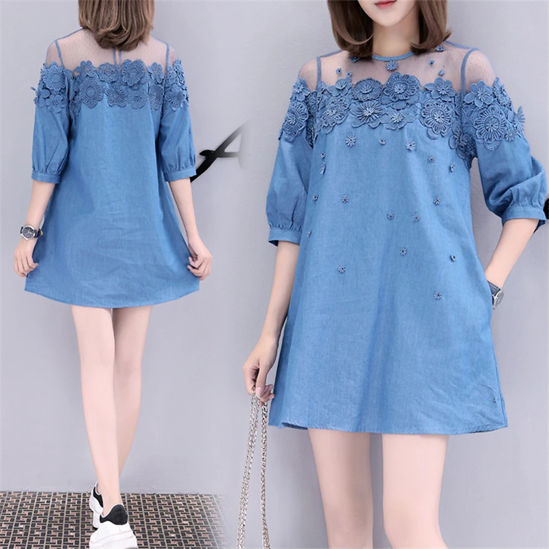 Новинка 2018 летние женские джинсовые платья в стиле пэчворк с кружевными бусинами