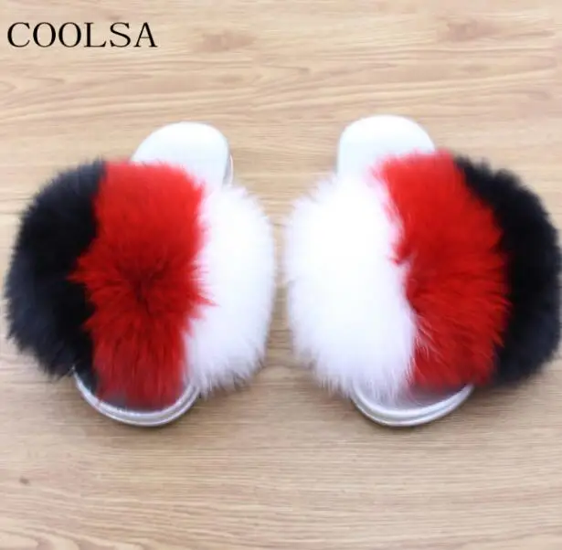 Black red white COOLSA/женские зимние плюшевые тапочки на плоской подошве; теплые тапочки с лисьим мехом; женские пушистые тапочки; меховые шлепанцы; вьетнамки - Цвет: Black red white