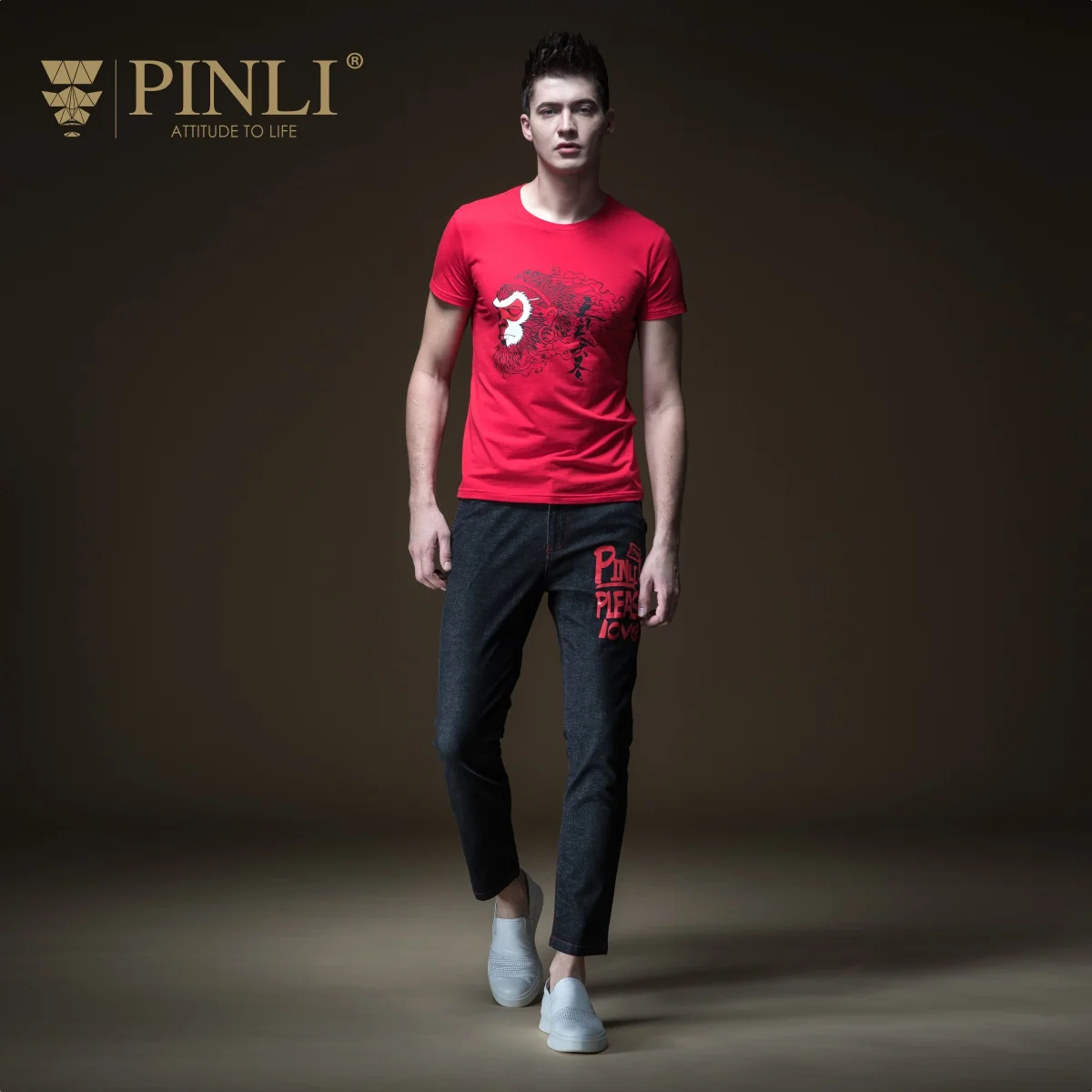 Мужские облегающие джинсы Pinli на молнии с принтом для отдыха лето B192216427