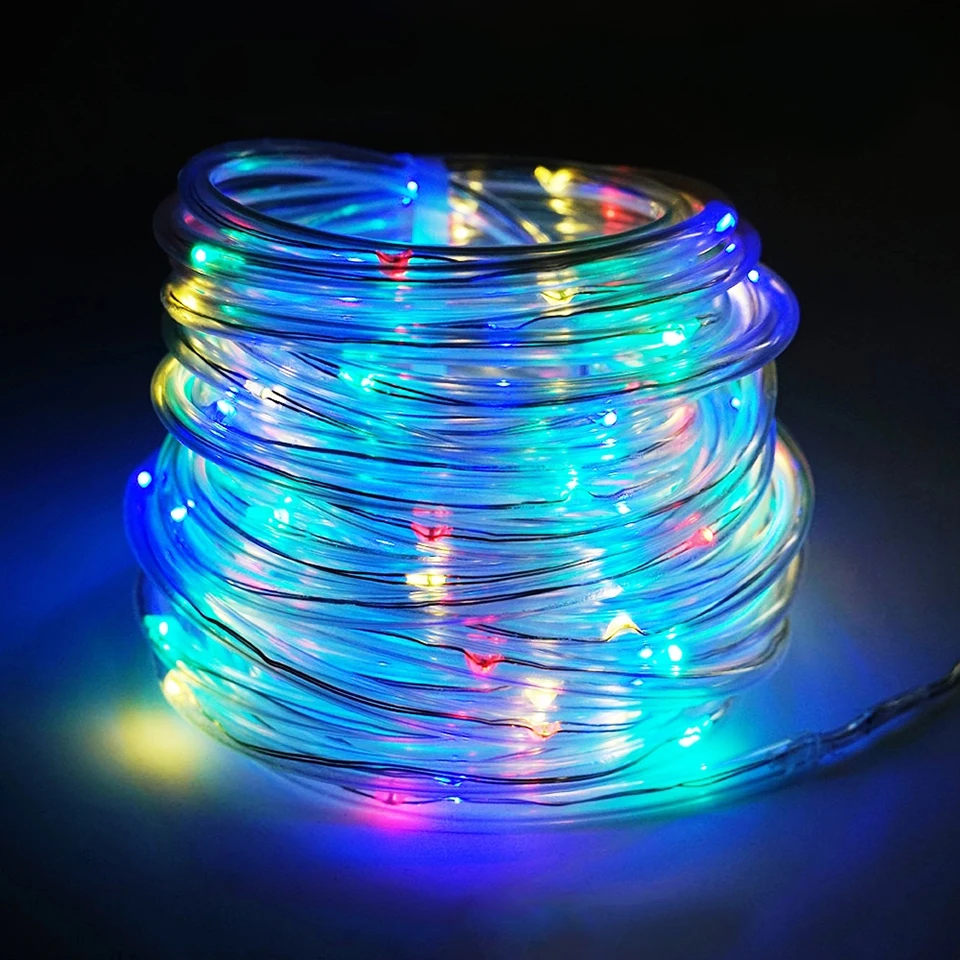 Светодиодная Радужная ленточка трубка на троссе 10 м 100Led батарея питание Водонепроницаемый Открытый Рождественский сад дорожка освещение изгороди с пультом дистанционного управления