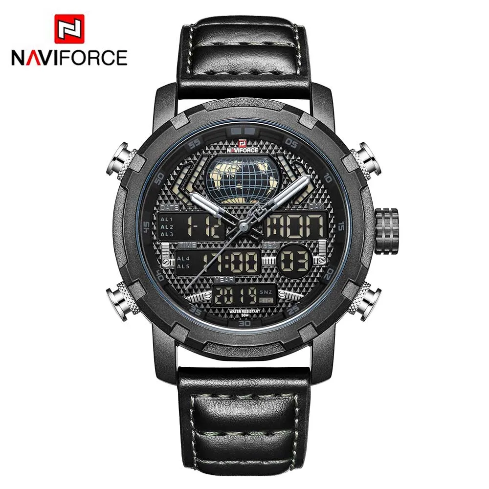 NAVIFORCE, карта мира, мужские светодиодный аналоговые кварцевые часы, мужские спортивные часы, военные водонепроницаемые наручные часы, мужские часы - Цвет: Черный