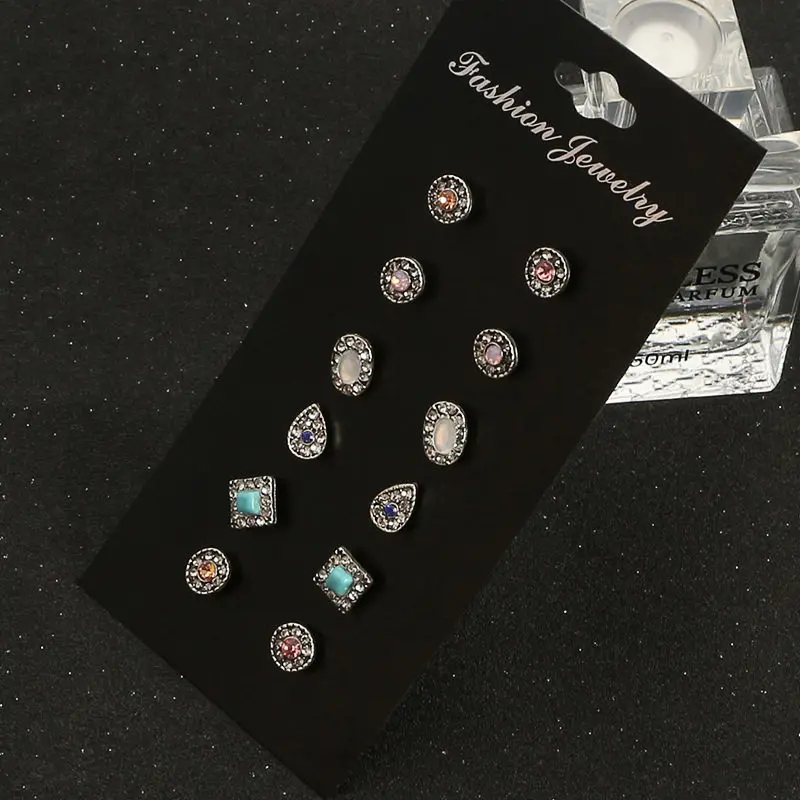 Hybzh Мода шпилька серьги 6 пар синий кристалл цветок круглый Форма полые резные