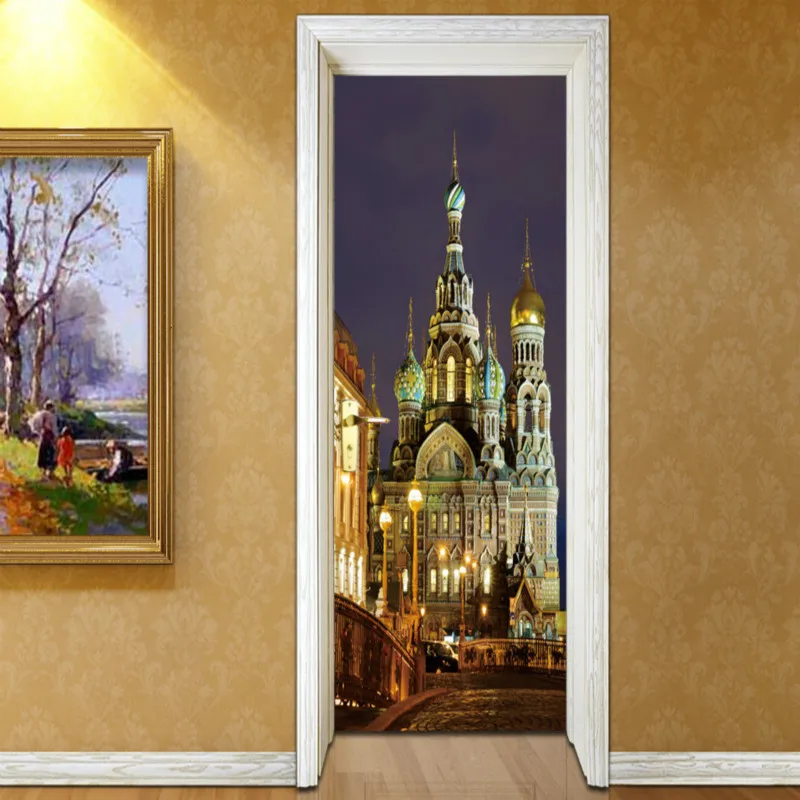 3D стикер на дверь с изображением пейзажа из СПб старая ремонт гостиной спальни