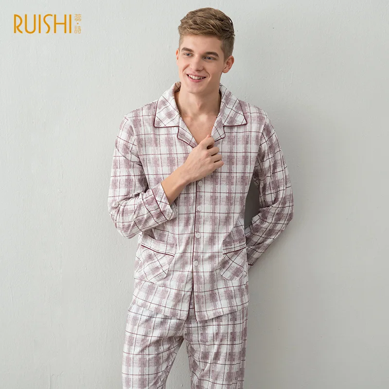 Пижамный комплект мужской из 100% хлопка одежда для сна с отложным воротником и