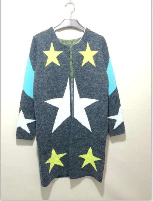 Five-pointed star pattern long section cardigan stars printed sweater knit women |