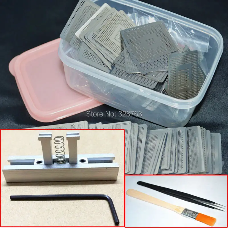 

600 pcs/set Bga Stencil +BGA jig direct heating +Box+Hair brush/Tweezers for Bga Reballing Stencil Kit BGA reballing kit