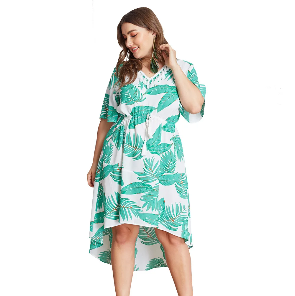 Элегантное женское платье большого размера с принтом в виде листьев летнее