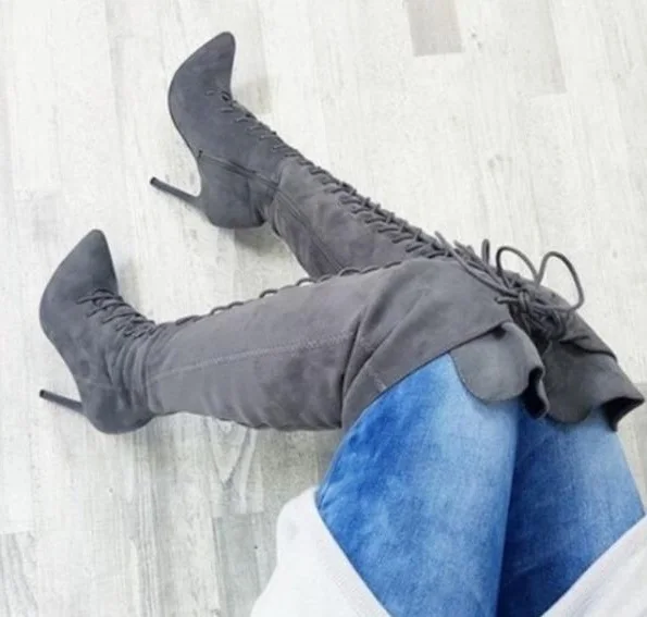 gray Прямая поставка; Зимние Модные Женские однотонные Сапоги выше колена на шнуровке с острым носком; цвет бордовый, серый, черный, хаки - Цвет: gray