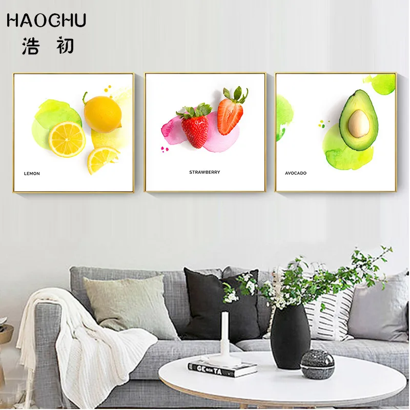 HAOCHU European lemon strawberry avocado pattern canvas restaurant wall decoration picture tea shop sticker | Дом и сад